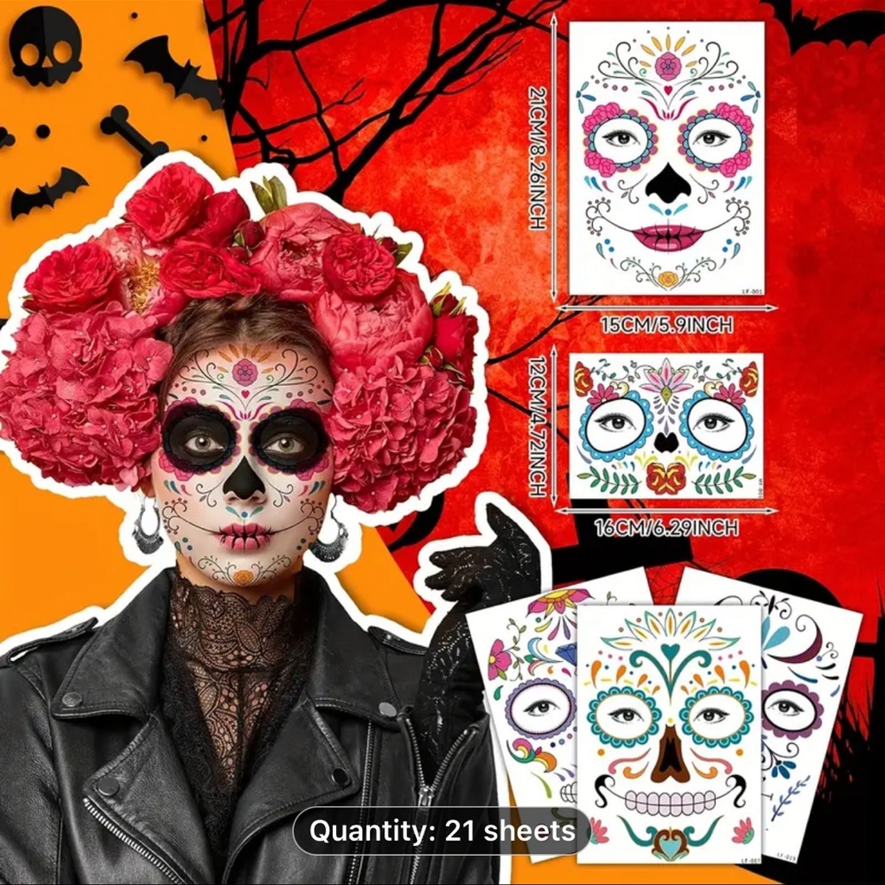 Day of the dead type makeup temporary tattoos, are waterproof 7 sheets per order